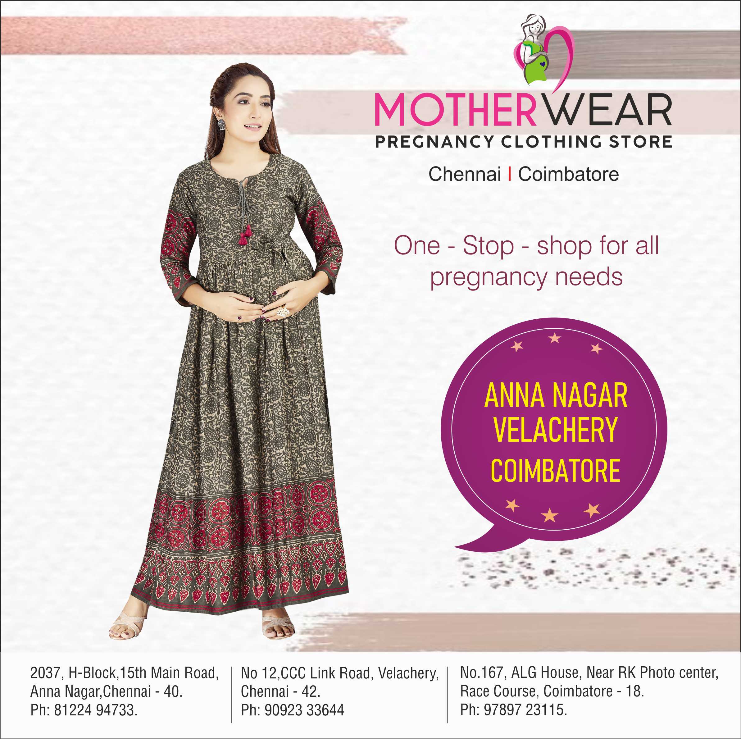 Advertisement for Mother Wear pregnancy clothing store with a woman wearing a long dress.