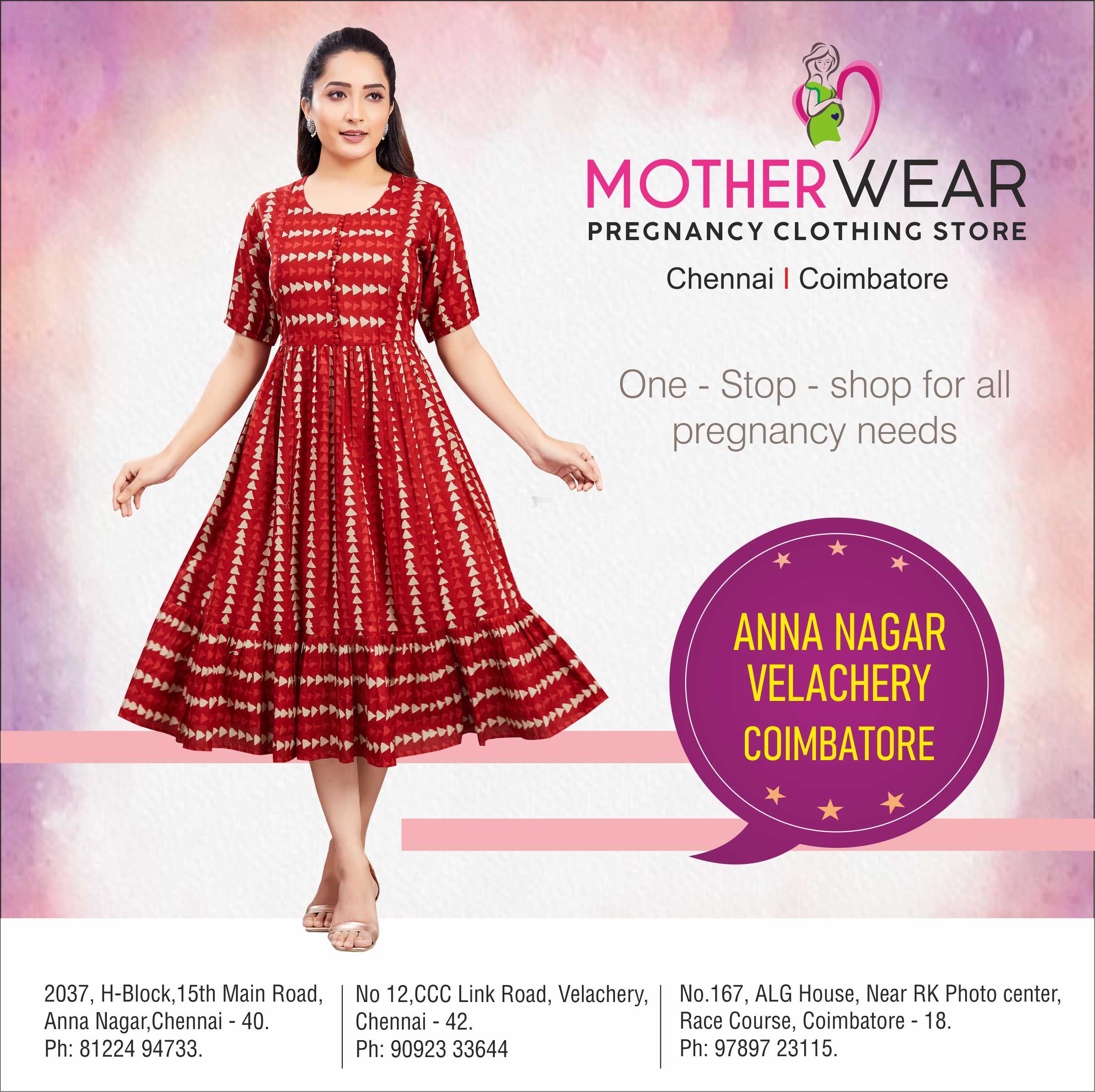 Advertisement for Mother Wear pregnancy clothing store with a woman in a red dress on a pink background.